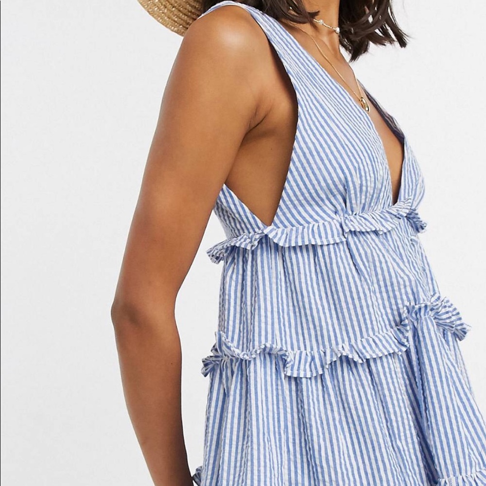 button front tiered mini sundress blue striped